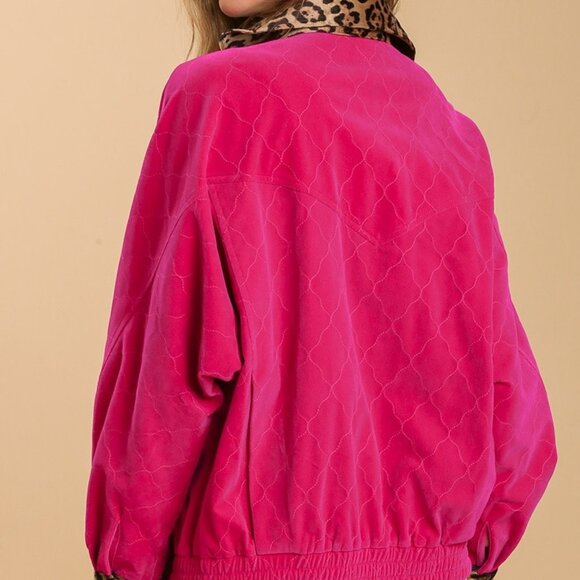 PRICE DROP - U8 Umgee Velvet Fuchsia Pink Jacket Leopard Trim Dolman Sleeves - Picture 4 of 5